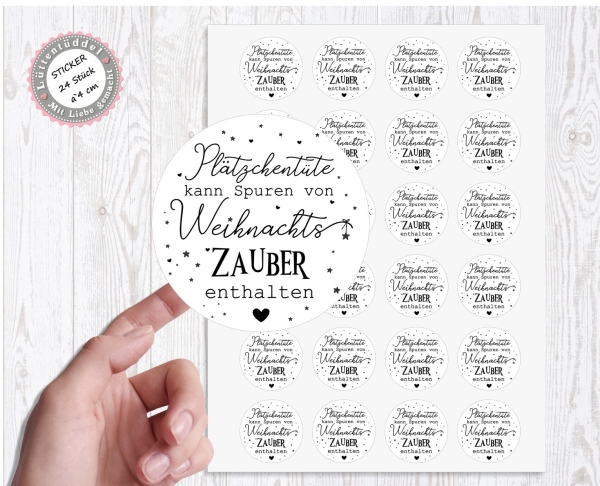 24 zuckersüßer Sticker Aufkleber 4cm kann Plätzchentüte Spuren von Weihnachtszauber enthalten Weihnachten Christmas von Lüttentüddel®